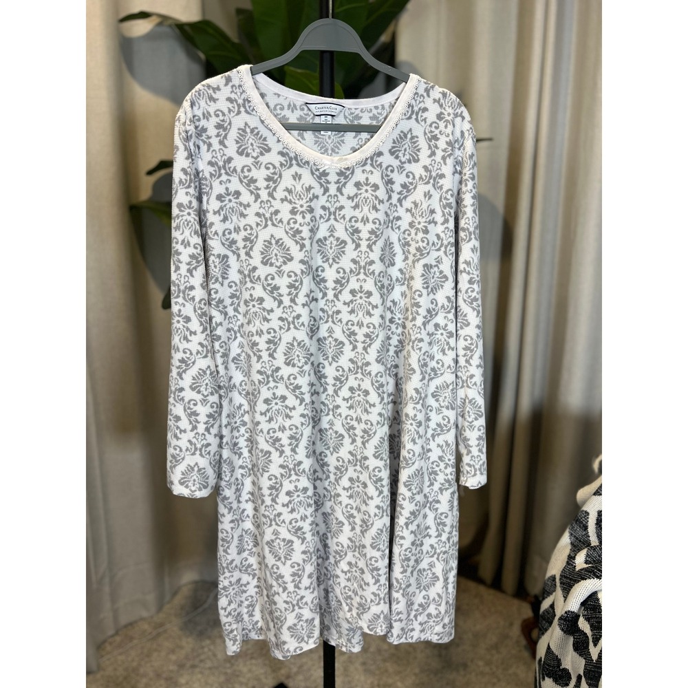 Charter Club Intimates Woman 3X Nightgown Grey White Damask Waffle Thermal Lace
